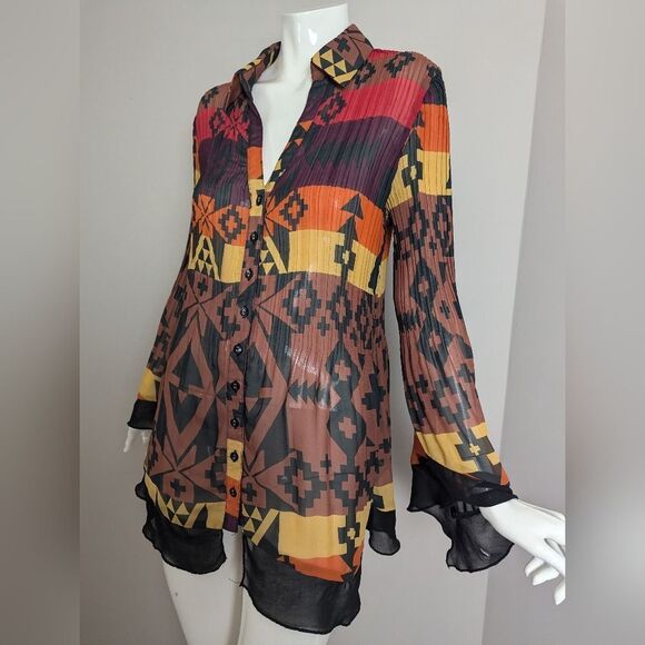 Point Zero Nicole Benisti Vintage Sheer Blouse – Tribal Print Pleated Top – Size - Picture 2 of 12